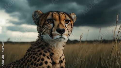 Wild African cheetah in african savannah. Horizontal photography (16:9)