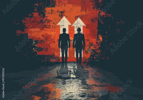 Businessmen Standing on Growth, Stability, and Decline Arrows - Conceptual Business Illustration - Vector Art Depicting Economic Trends and Market Changes