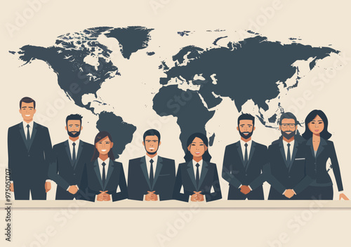 Global Trade Team Meeting Before World Map Discussing Investment Strategies in Business, Minimalistic Vector Illustration, Collaborative Corporate Environment, Multinational Discussion