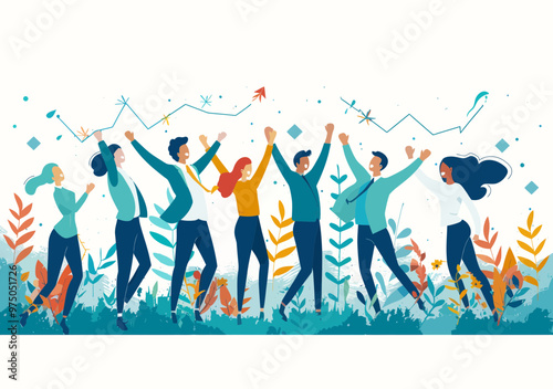 Team Celebration of Project Success, Business Professionals Cheering Outdoors, Minimalistic Vector Illustration, Positive Teamwork Achievement Mood