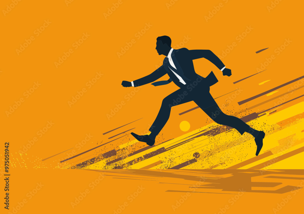 Fototapeta premium Businessman Leaping Over Obstacles in Minimalistic Vector Illustration, Overcoming Challenges, Career Success, Professional Growth, Ambition, Orange Background
