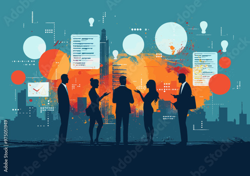Business Teamwork Discussion and Planning Concept Illustration with Silhouettes and Digital Interface Elements, Office Setting, Collaboration, Strategy Development, Modern Minimalist Vector Art