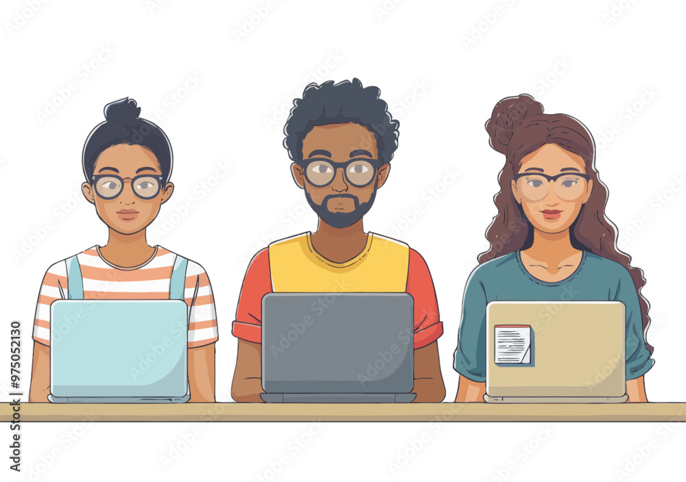 Young People Engaged in Online Education with Laptops in a Modern Setting - Vector Illustration Depicting Remote Learning and Digital Classroom at Daytime in Minimalist Style Young People Engaged in Online Education with Laptops in a Modern Setting - Vector Illustration Depicting Remote Learning and Digital Classroom at Daytime in Minimalist Style
