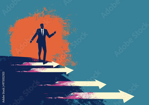 Business Leader Guiding Direction On Arrows, Conceptual Illustration Depicting Leadership And Vision Towards Future, Minimalistic Vector Art, Decision Making And Forward Thinking, Business Strategy