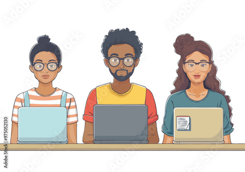 Young People Engaged in Online Education with Laptops in a Modern Setting - Vector Illustration Depicting Remote Learning and Digital Classroom at Daytime in Minimalist Style