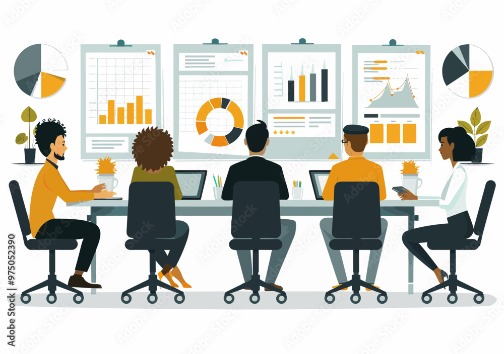 Business Team Collaborating in Office Meeting Room Analyzing Data Charts on Screens Modern Workspace Minimalistic Vector Illustration Business Team Collaborating in Office Meeting Room Analyzing Data Charts on Screens Modern Workspace Minimalistic Vector Illustration