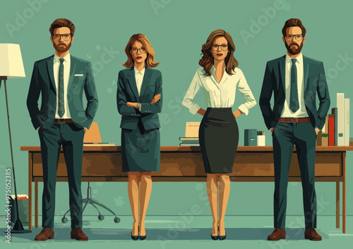 Team of Four Business Professionals in Formal Attire Working Together in Modern Office Setting, Focused and Confident, Collaboration and Corporate Strategy