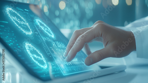 close-up of a doctor’s hand operating a tablet, with a holographic interface displaying electronic medical records and DNA sequences. The scene should highlight the sleek, futurist photo