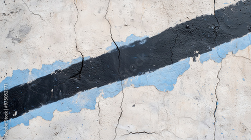 Show a black, blue, and white streaked banner painted across a heavily cracked and weathered concrete wall. The cracks in the concrete should be prominent, creating a gritty, urban photo