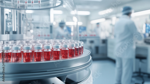 high-tech laboratory featuring a sleek machine with circular shelves holding multiple vials filled with red liquid. The machine should be designed to move around each bottle effici photo