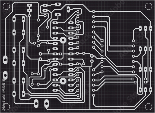 Tracing conductors of printed circuit board
of an electronic device. Vector engineering 
drawing of pcb. Electric background with grid.
Computer technic cad design.