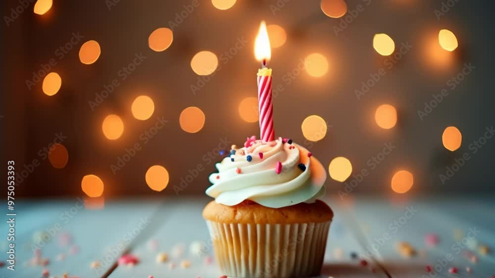 Cupcake with candle on table, animation of colorful side Cupcake with candle on table, animation of colorful side
