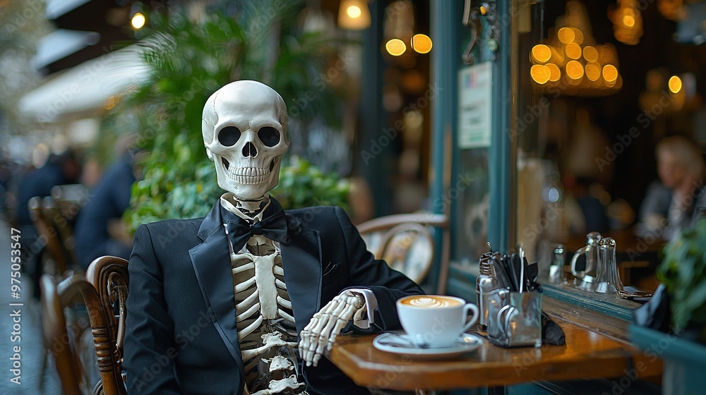   A tuxedo-wearing skeleton sips coffee at a table
