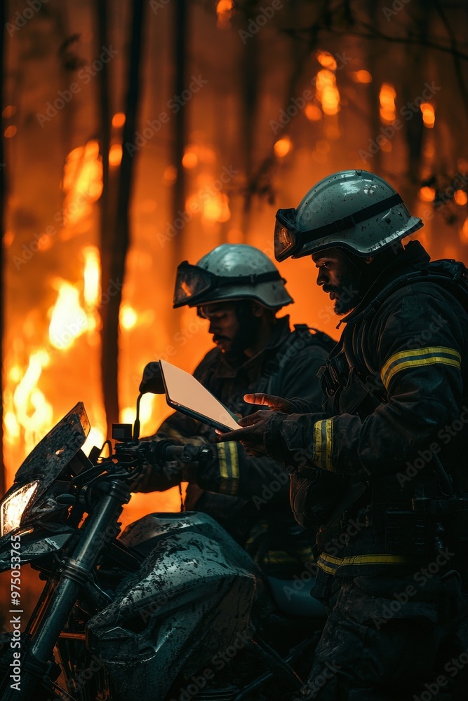Fototapeta premium Brave firefighters in helmets and black uniforms manage wildfire operations using a digital tablet near a blazing forest on a motorcycle