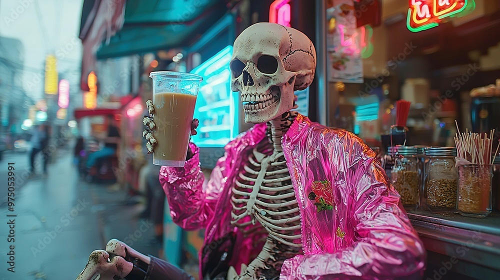 Obraz premium Skeleton with drink in front of neon-colored building with neon signs on sides of street