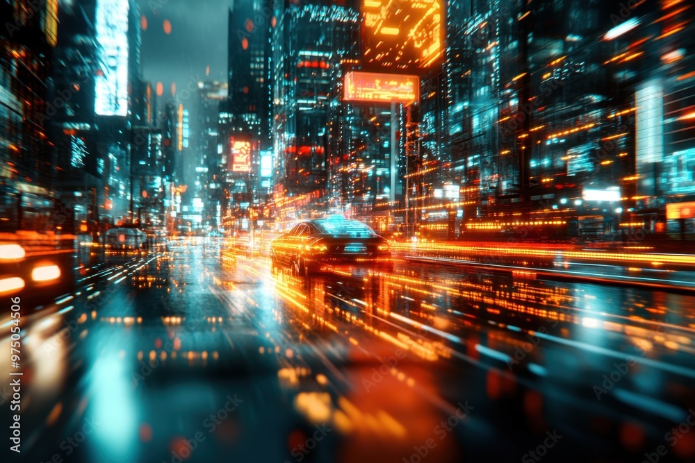 Obraz premium Glitch in the System - Cyberpunk Ghost Haunting a Futuristic Cityscape with Digital Projections and Eerie Lights