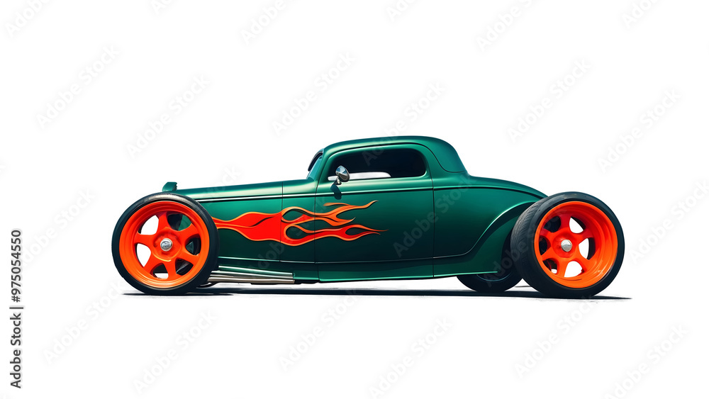 Beautiful unique teal vintage hot rod car with orange fire, automotive background, tuning template, isolated on transparent background