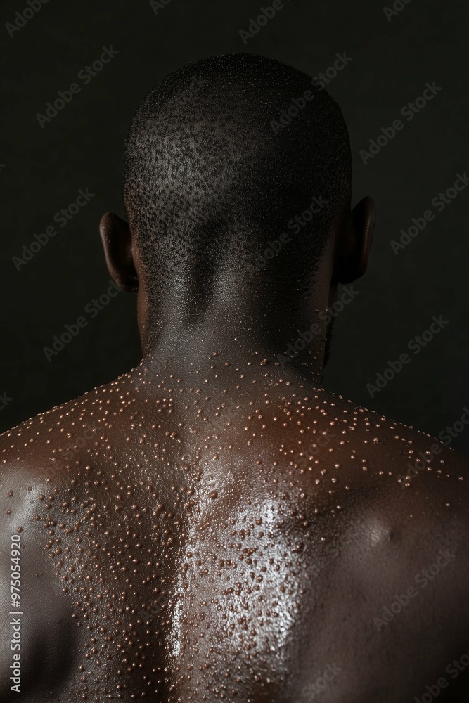 Monkeypox rash skin disease on the back of a black man, infectious virus. Vertical photography (2:3) Monkeypox rash skin disease on the back of a black man, infectious virus. Vertical photography (2:3)