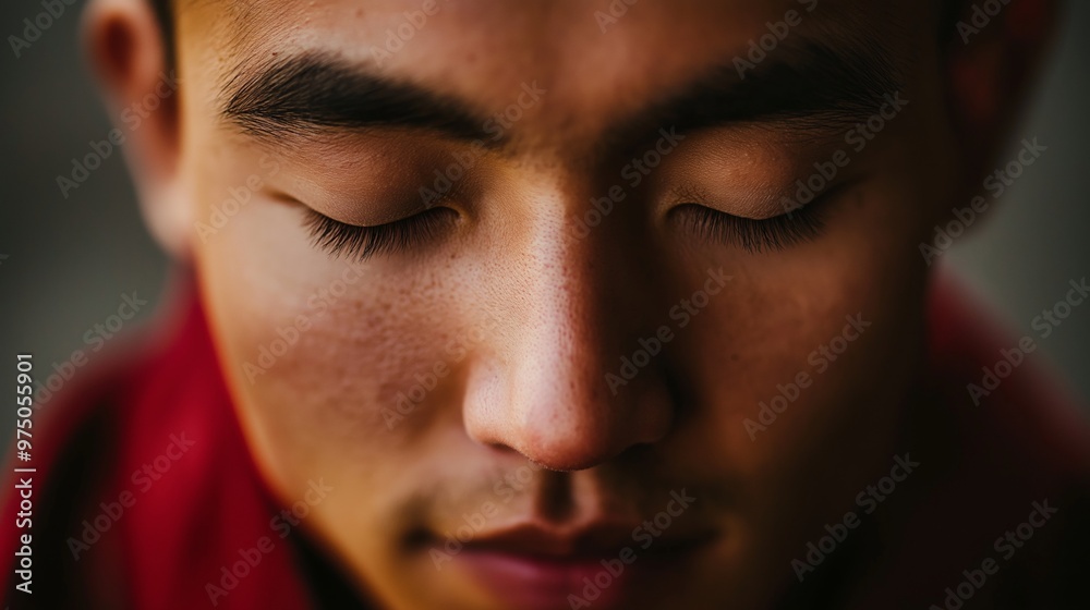 Young man with freckles closes his eyes in deep contemplation, exuding tranquility and calm. The soft-focus background enhances the peaceful atmosphere, capturing a moment of quiet reflection Young man with freckles closes his eyes in deep contemplation, exuding tranquility and calm. The soft-focus background enhances the peaceful atmosphere, capturing a moment of quiet reflection