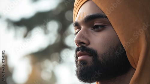 Young bearded indian man in a turban gazes thoughtfully outdoors, embodying the harmony of his spiritual beliefs