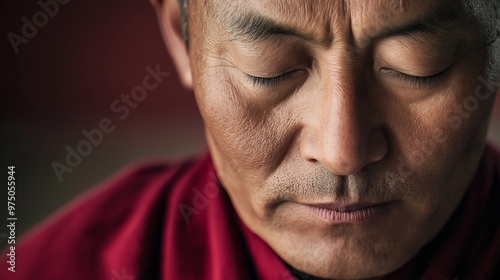 Man meditates peacefully, eyes closed, in a red robe, exuding calm and spiritual connection. The serene portrait invites contemplation and inner peace