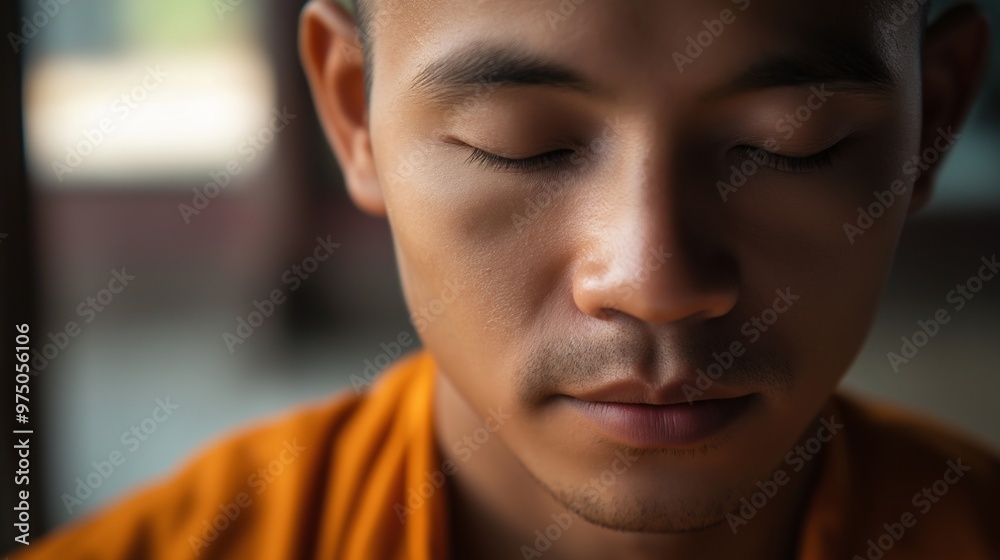 Young buddhist monk meditates, seeking inner peace with eyes closed, embodying calm and tranquility. This portrait captures traditional asian culture and harmony in his contemplative state
