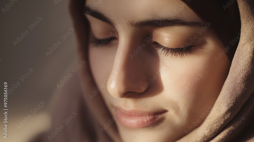 Young muslim woman is illuminated by natural light, creating a peaceful and serene atmosphere. Her eyes are closed and she is smiling slightly Young muslim woman is illuminated by natural light, creating a peaceful and serene atmosphere. Her eyes are closed and she is smiling slightly