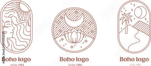 Mystical brown boho logo set. Night lotus, moon in the sky, girl face profile, palm in the sand aesthetic icon. Magic spiritual concept. Stock vector illustration isolated on white background