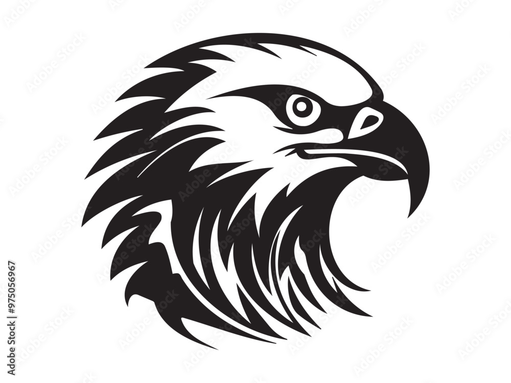 Black Silhouette of a Majestic Eagle Head Isolated on a White Background. Concept of Bird Illustration, Wildlife Art, Minimalist Style, Soaring Eagle. Print, Icon, Design Element Black Silhouette of a Majestic Eagle Head Isolated on a White Background. Concept of Bird Illustration, Wildlife Art, Minimalist Style, Soaring Eagle. Print, Icon, Design Element
