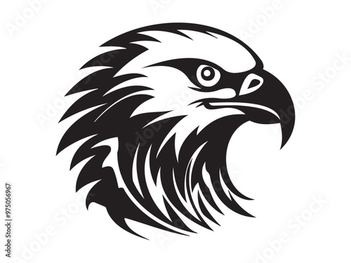 Black Silhouette of a Majestic Eagle Head Isolated on a White Background. Concept of Bird Illustration, Wildlife Art, Minimalist Style, Soaring Eagle. Print, Icon, Design Element