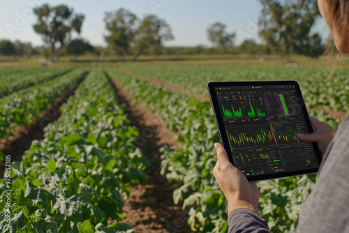 Tecnologia na campo. Produtor rural usando tablet na lavoura