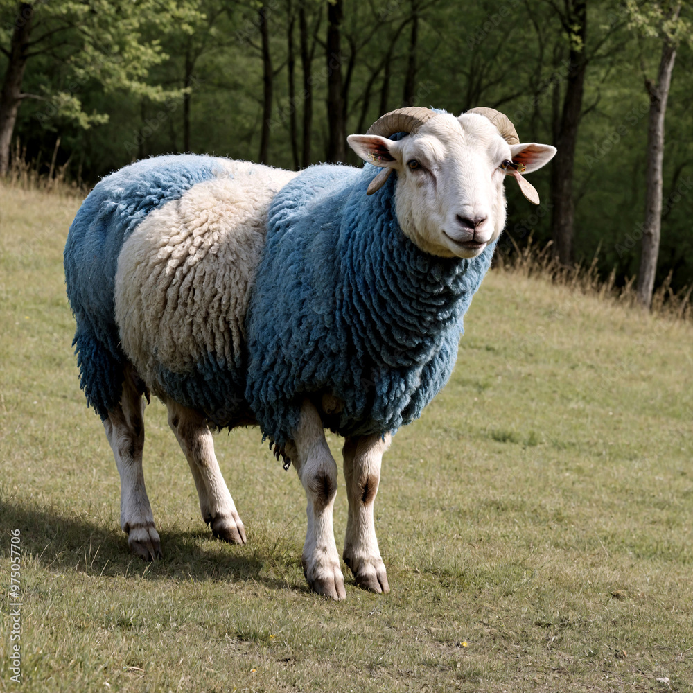 Sheep with blue wool coat standing in a field Sheep with blue wool coat standing in a field