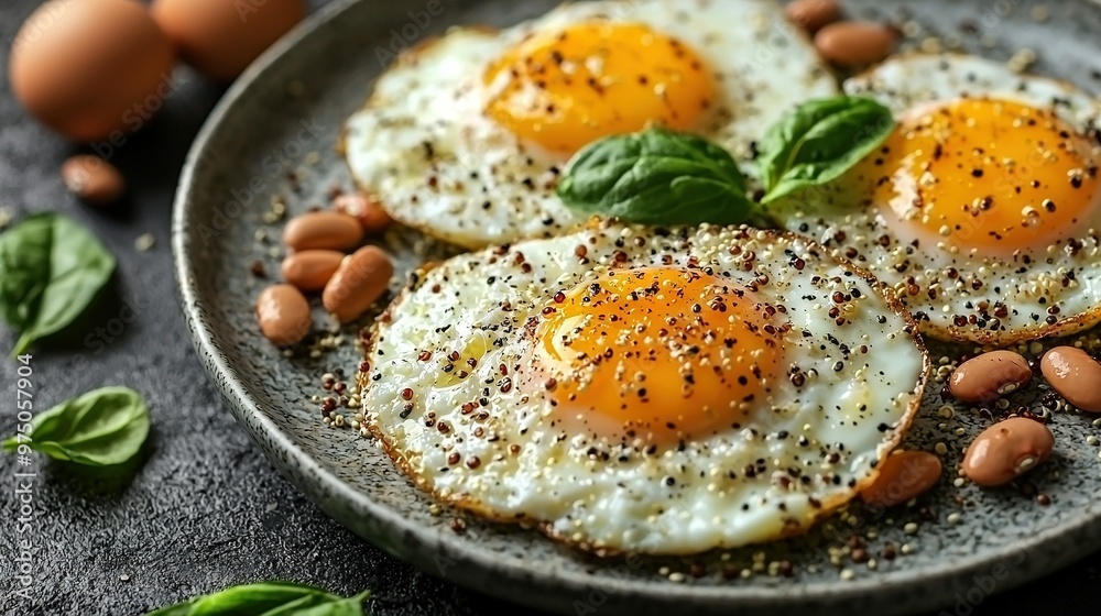   Two eggs fried on a plate with nuts and green leaves adjacent to the frying pan on a table