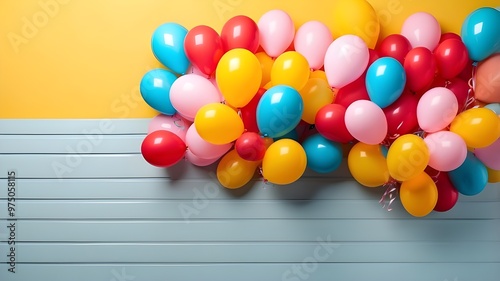 Bunch of vibrant balloons with copy space on a yellow wall backdrop