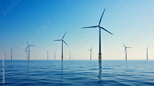 Offshore wind farm generating clean renewable energy turbines horizon ocean sky. AI generated