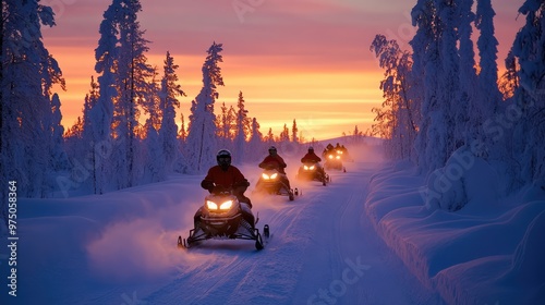 Group of Snowmobiles in Lapland. AI generated illustration photo
