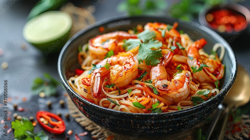 Thai Noodles with Shrimp and Lime in a Soft-focus Bowl Thai Noodles with Shrimp and Lime in a Soft-focus Bowl