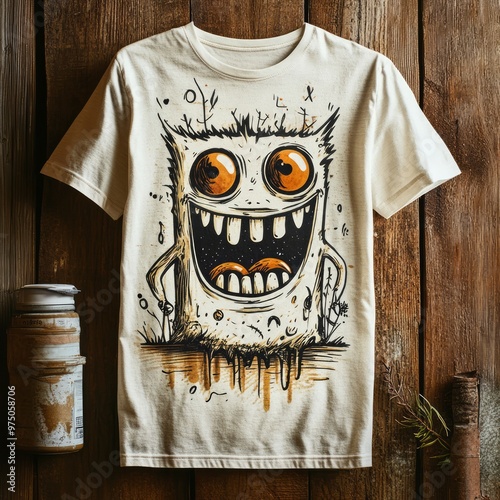 T-shirt dengan desain monster lucu dan ekspresif. photo