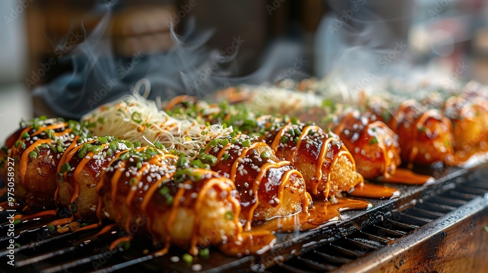 Naklejka premium street snacks in Japan, such as takoyaki or okonomiyaki, which tempt the taste buds