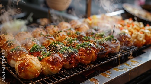 street snacks in Japan, such as takoyaki or okonomiyaki, which tempt the taste buds