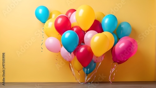 Bunch of vibrant balloons with copy space on a yellow wall backdrop