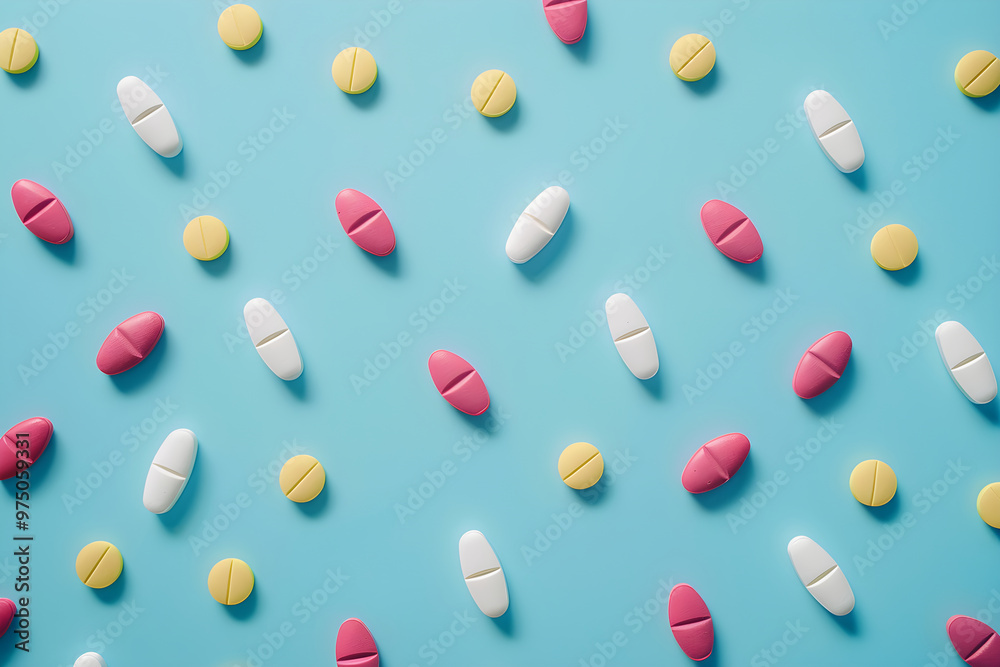 Colored capsules on a blue background. Banner template for advertising vitamins, medicines, healthy lifestyle, microelements Colored capsules on a blue background. Banner template for advertising vitamins, medicines, healthy lifestyle, microelements