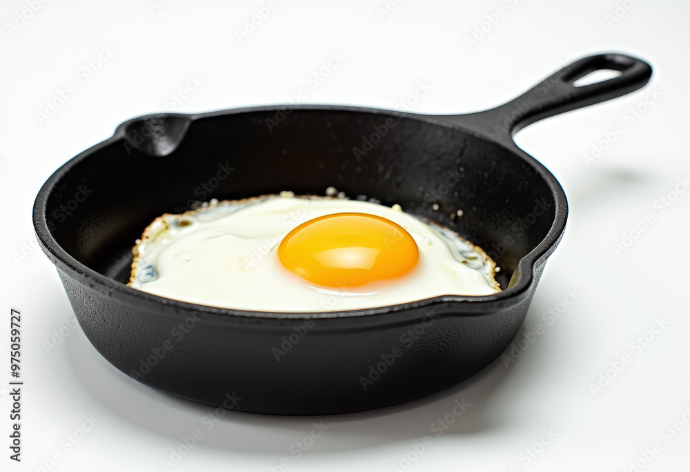 A black cast iron skillet with a half-boiled egg with a yellow yolk. A black cast iron skillet with a half-boiled egg with a yellow yolk.