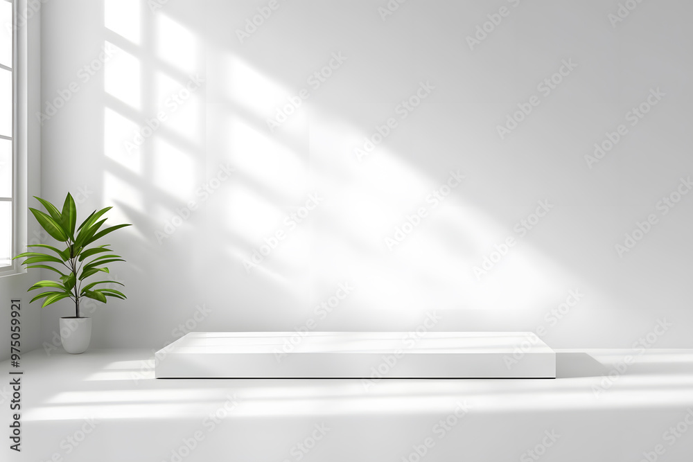 Fototapeta premium Abstract White Studio Room with Light and Shadow | Minimalist Design and Creative Interior Atmosphere