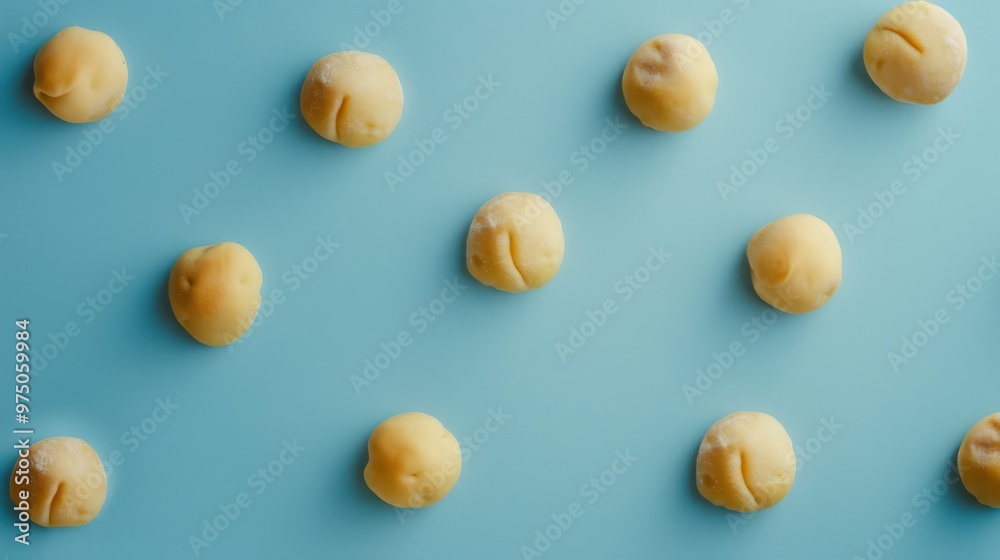 Rows of round, golden dough balls arranged on a vibrant blue background, giving a playful and appetizing contrast in the composition. Rows of round, golden dough balls arranged on a vibrant blue background, giving a playful and appetizing contrast in the composition.