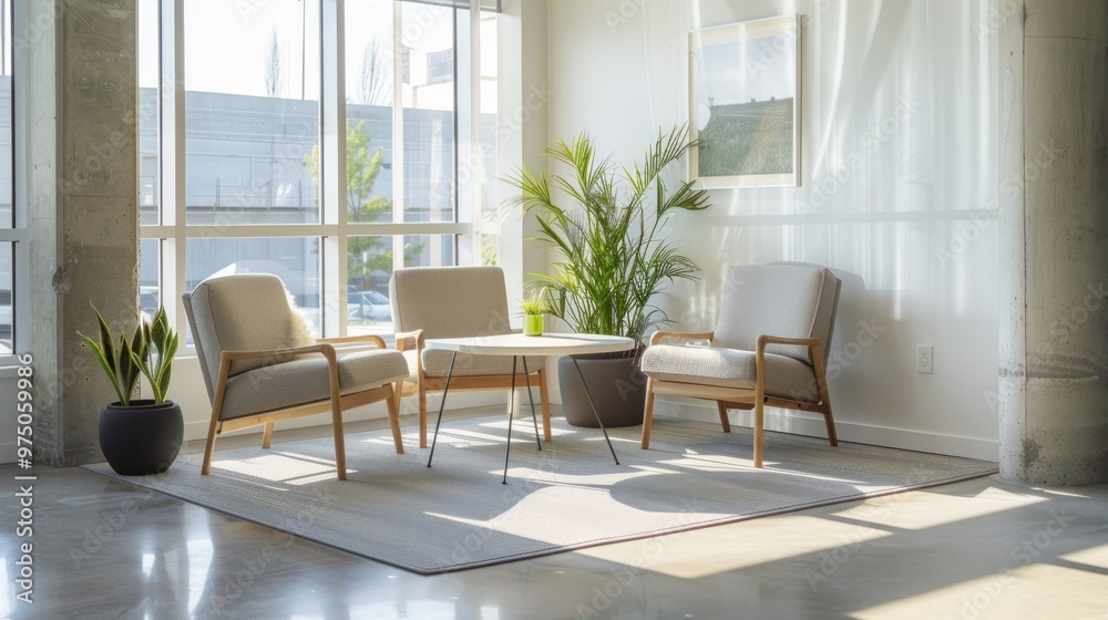 Fototapeta premium Sunlight bathes a minimalistic and cozy modern waiting area with wooden furniture, potted plants, and a serene ambiance.