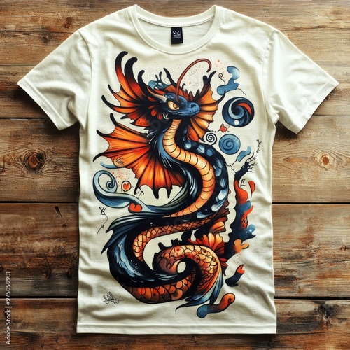 T-shirt design featuring a colorful dragon illustration. photo