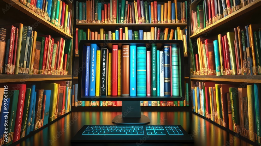 Digital Library Inside a Computer. AI generated illustration. Digital Library Inside a Computer. AI generated illustration.