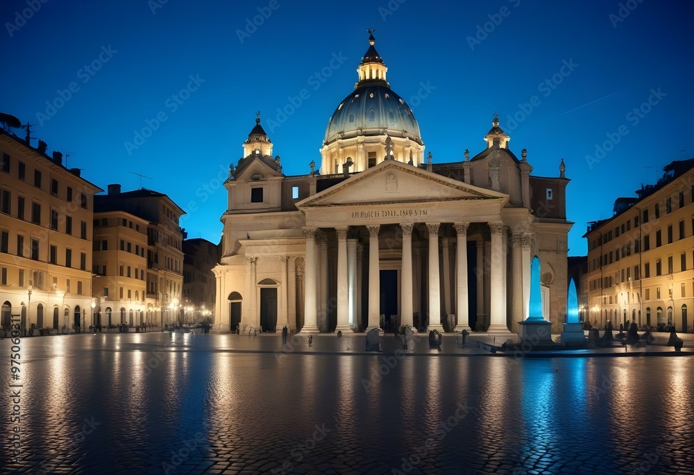 Fototapeta premium A historic city square in Rome, Italy with a large church dome, obelisk, and cobblestone streets lined with old buildings