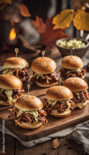 A collection of pulled pork sandwiches with coleslaw on top, served on a wooden table with a scenic backdrop.